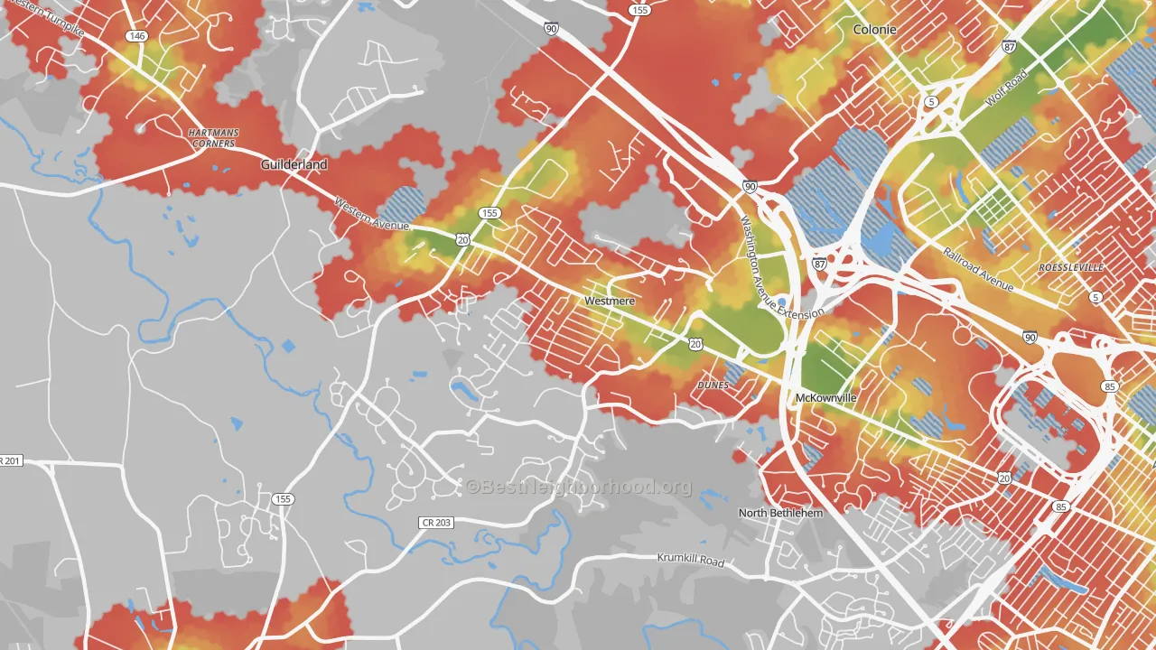 Walk Grade map of Westmere, NY, walkable areas in green and car-dependent areas in red