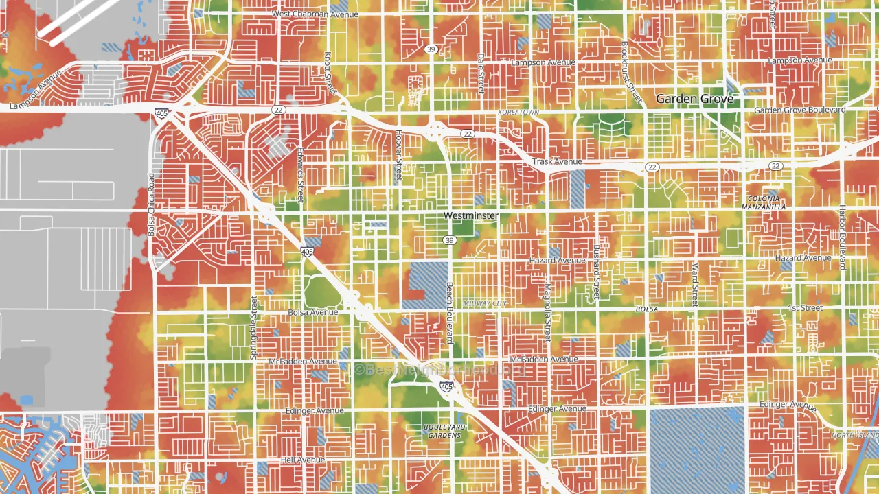 Walk Grade map of Westminster, CA, walkable areas in green and car-dependent areas in red