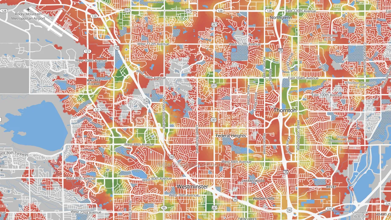 Walk Grade map of Westminster, CO, walkable areas in green and car-dependent areas in red
