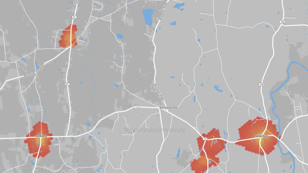 Walk Grade map of Westminster, CT, walkable areas in green and car-dependent areas in red