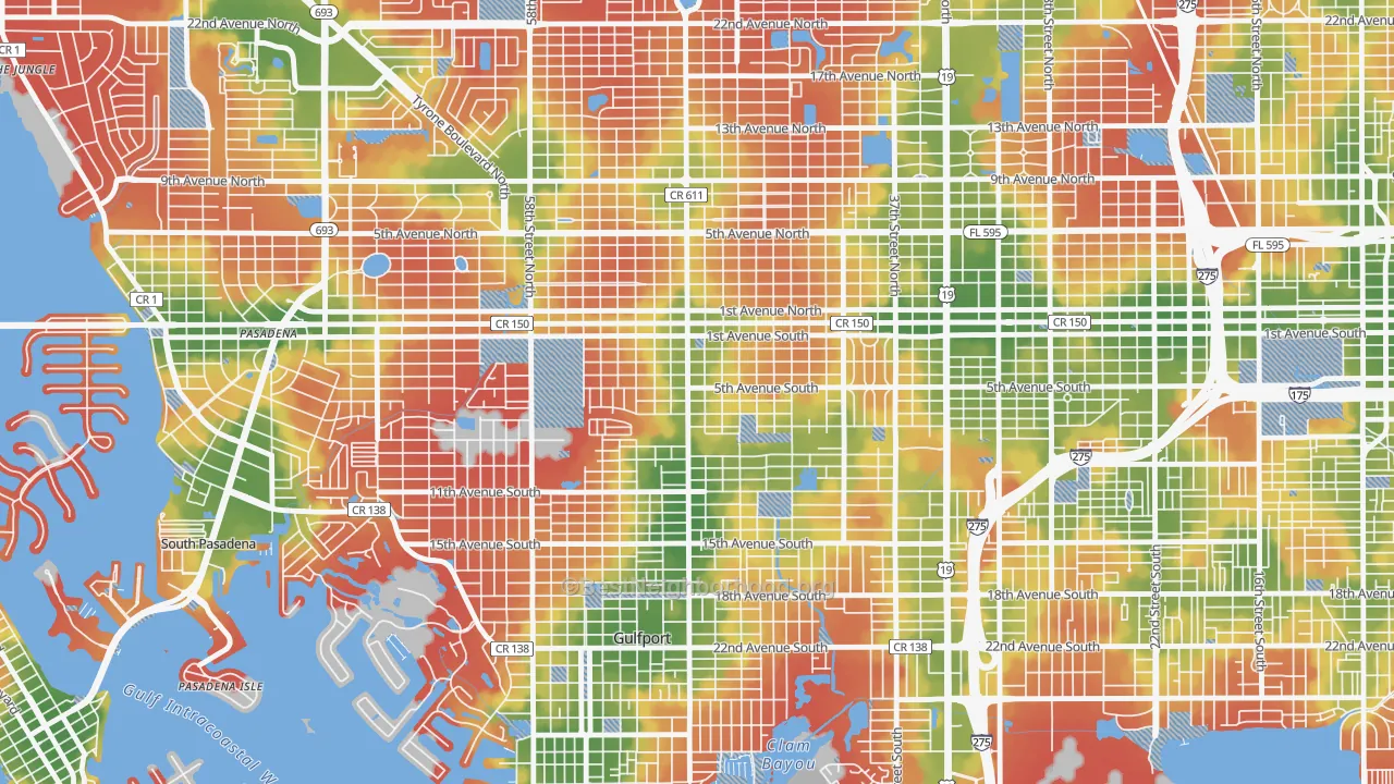 Walk Grade map of Westminster Heights, St. Petersburg, FL, walkable areas in green and car-dependent areas in red