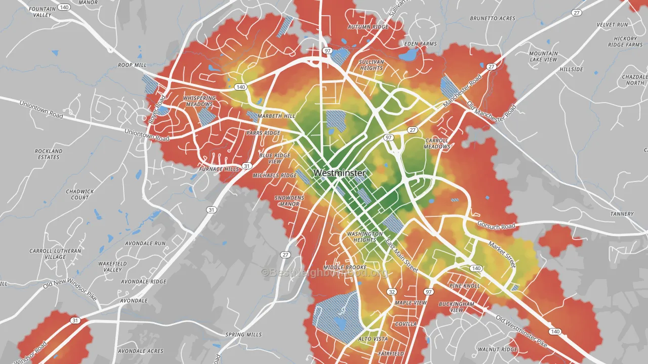 Walk Grade map of Westminster Historic District, Westminster, MD, walkable areas in green and car-dependent areas in red