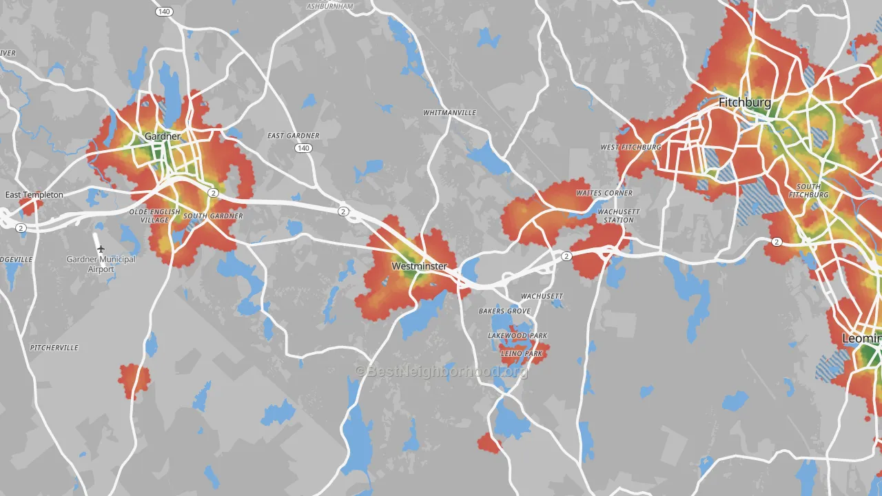 Walk Grade map of Westminster, MA, walkable areas in green and car-dependent areas in red