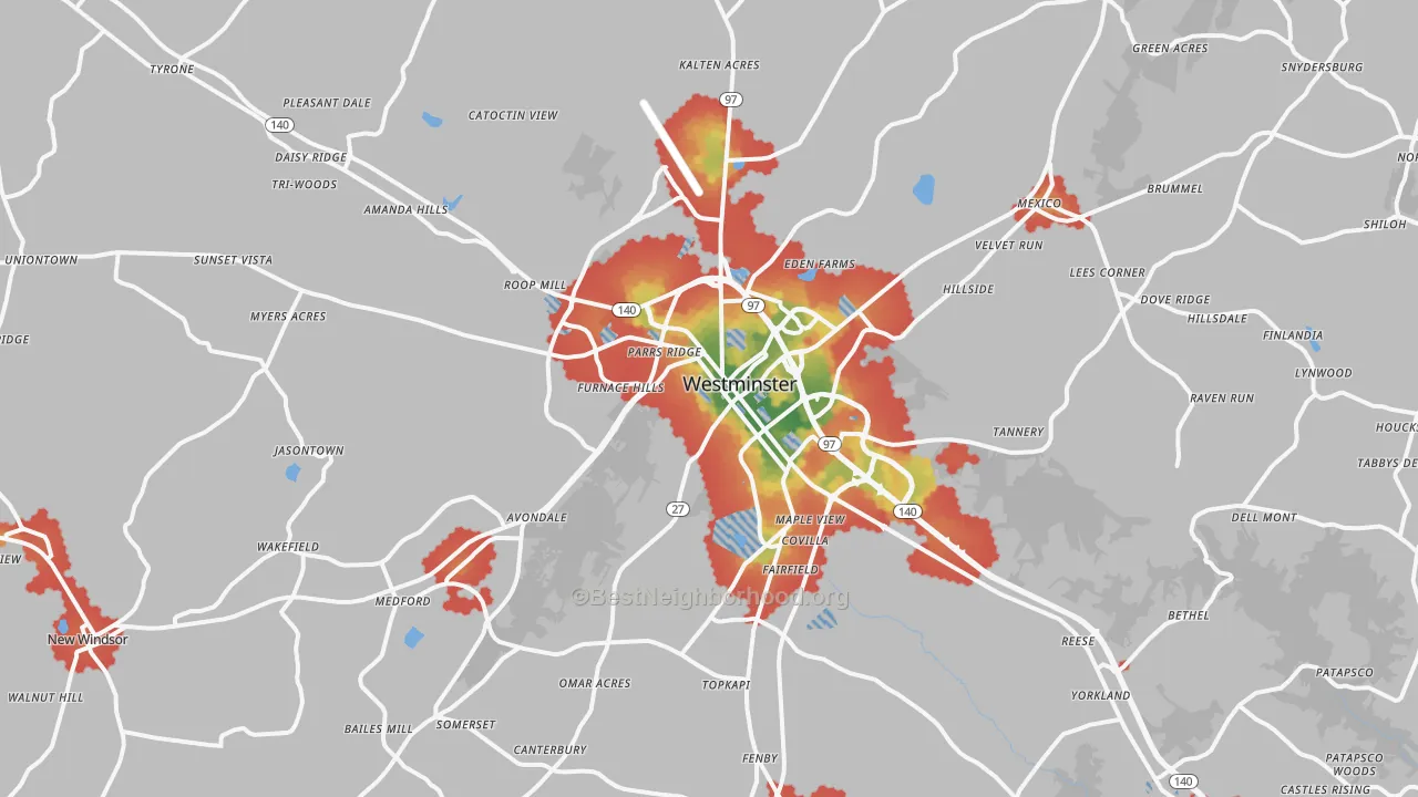 Walk Grade map of Westminster, MD, walkable areas in green and car-dependent areas in red