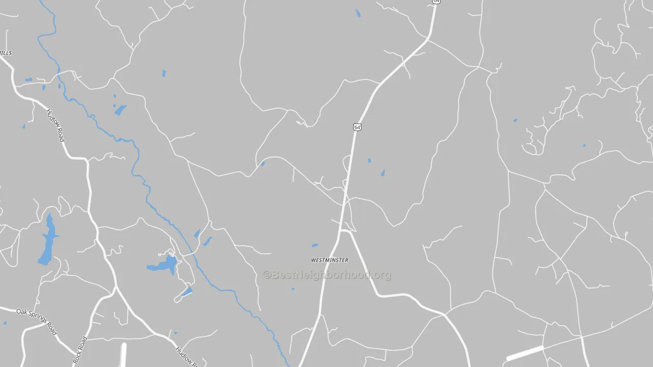 Walk Grade map of Westminster, NC, walkable areas in green and car-dependent areas in red