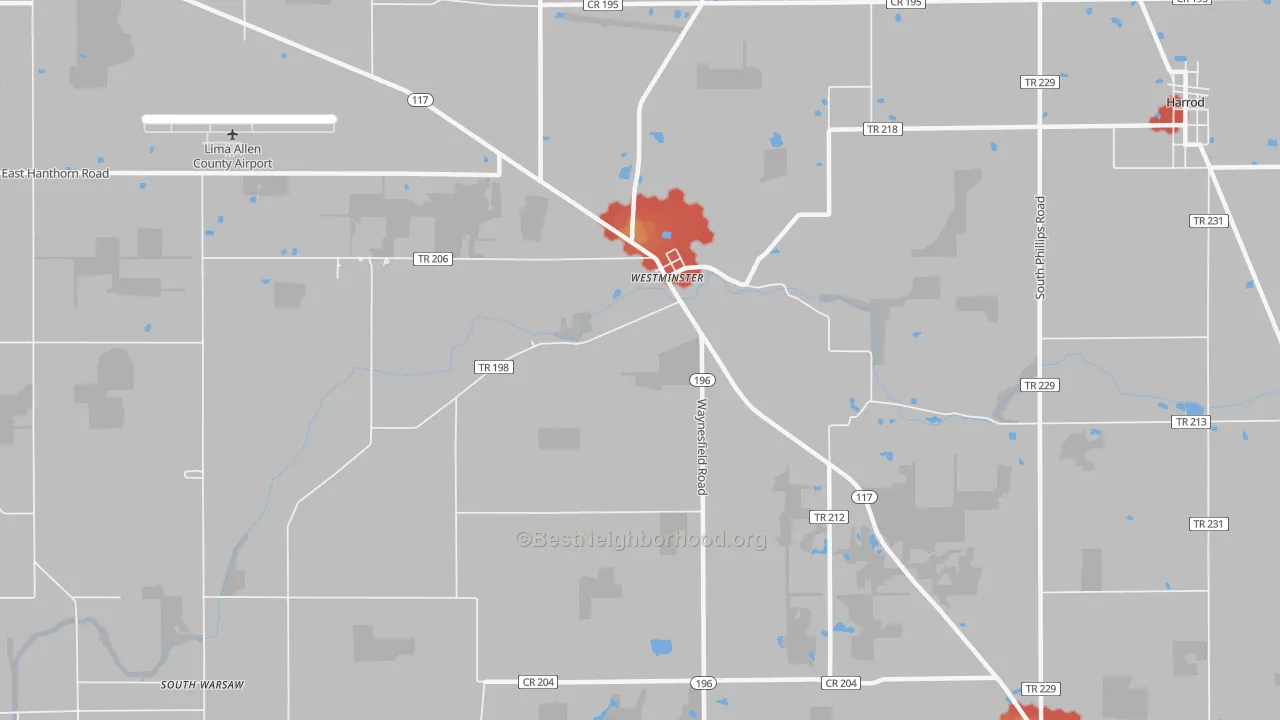 Walk Grade map of Westminster, OH, walkable areas in green and car-dependent areas in red