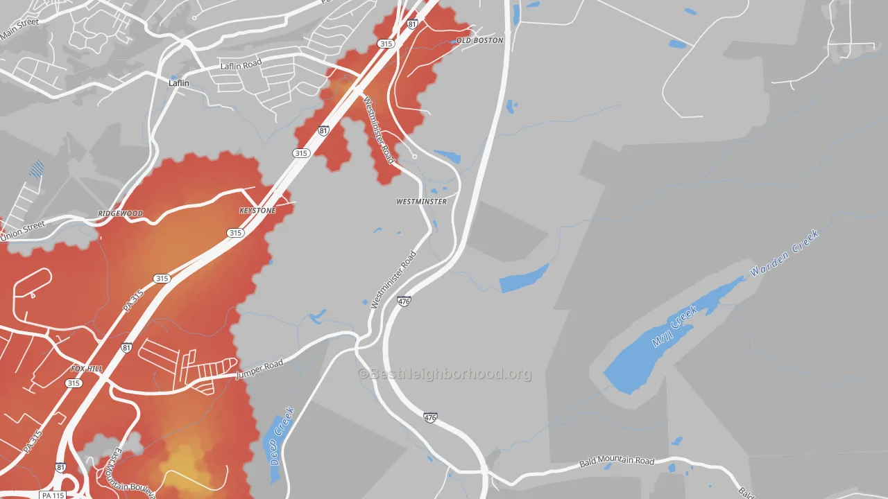 Walk Grade map of Westminster, PA, walkable areas in green and car-dependent areas in red
