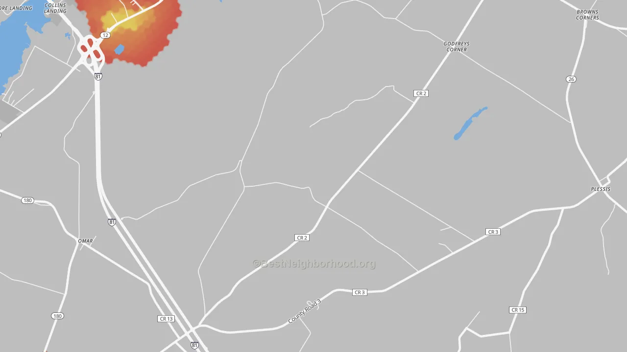 Walk Grade map of Westminster Park, NY, walkable areas in green and car-dependent areas in red