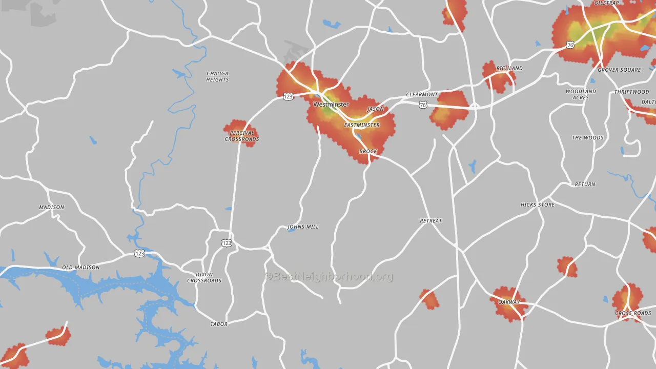 Walk Grade map of Westminster, SC, walkable areas in green and car-dependent areas in red