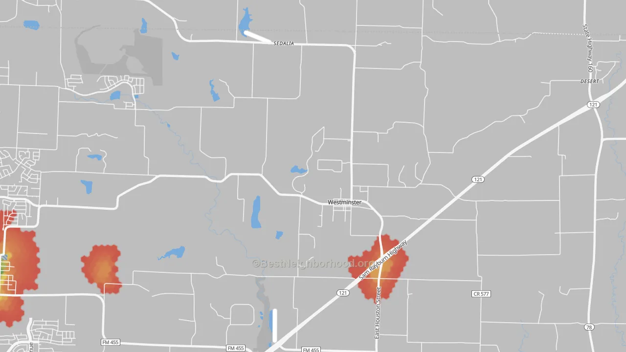 Walk Grade map of Westminster, TX, walkable areas in green and car-dependent areas in red