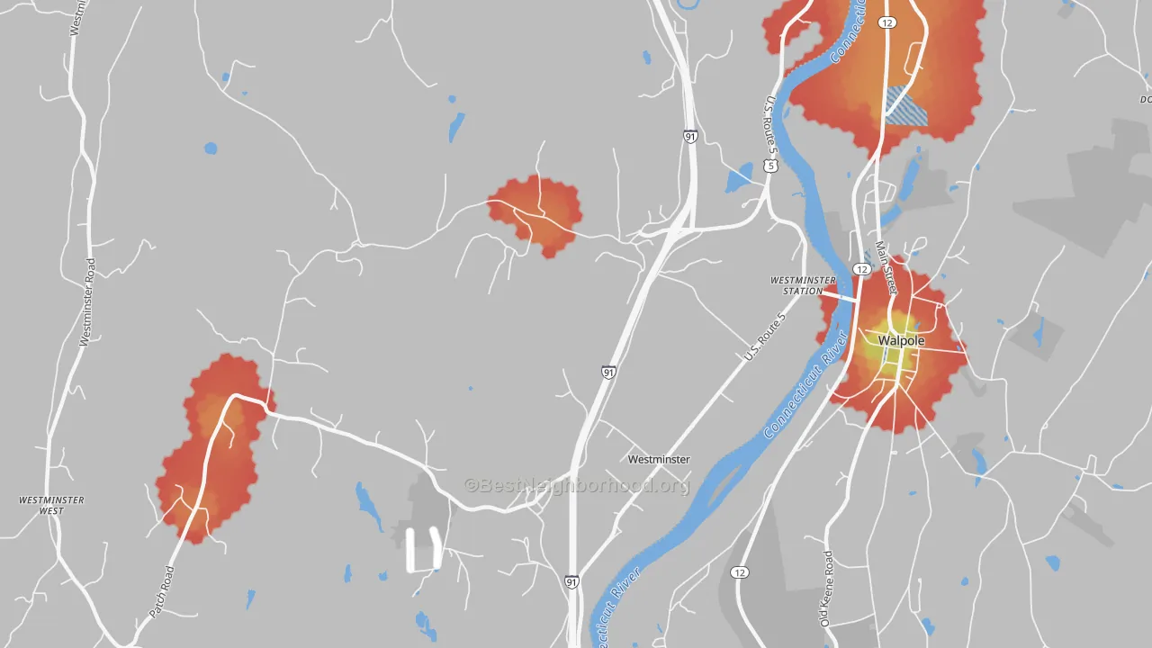Walk Grade map of Westminster, VT, walkable areas in green and car-dependent areas in red
