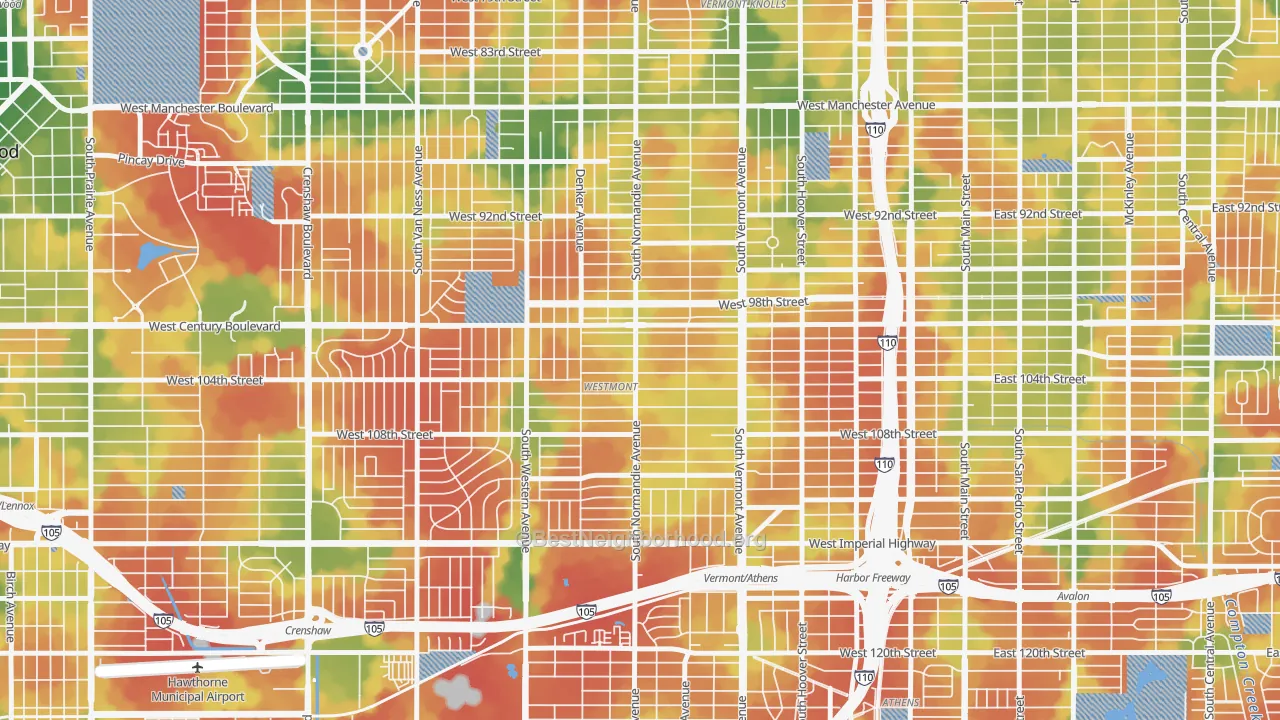 Walk Grade map of Westmont, CA, walkable areas in green and car-dependent areas in red