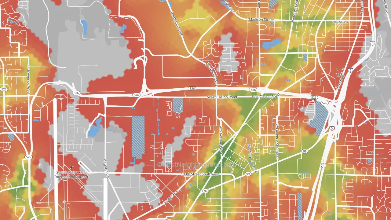 Walk Grade map of Westmont, Everett, WA, walkable areas in green and car-dependent areas in red