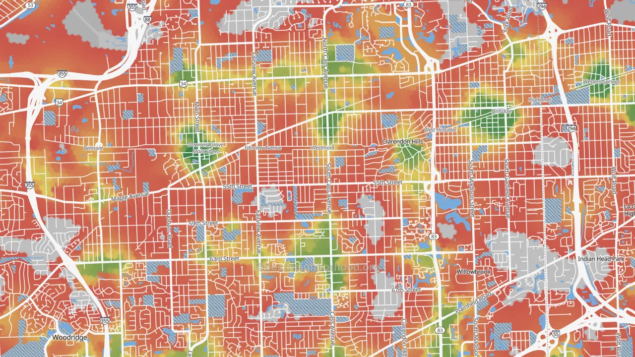 Walk Grade map of Westmont, IL, walkable areas in green and car-dependent areas in red