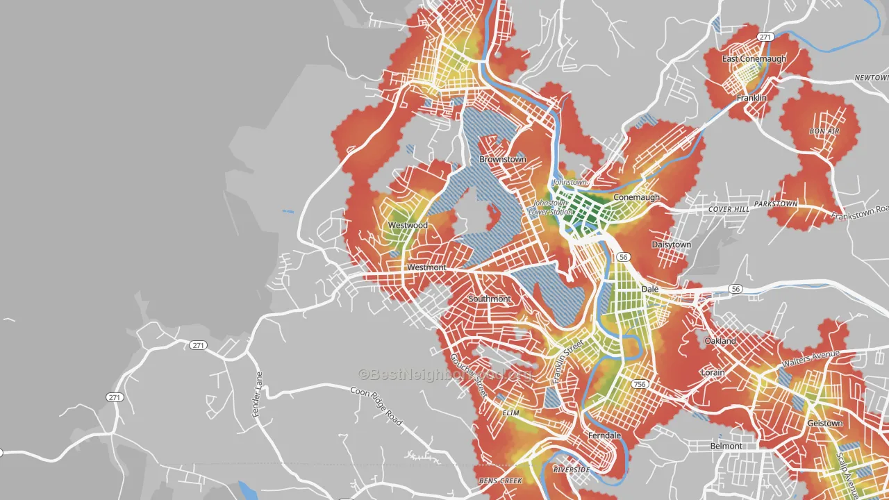 Walk Grade map of Westmont, PA, walkable areas in green and car-dependent areas in red