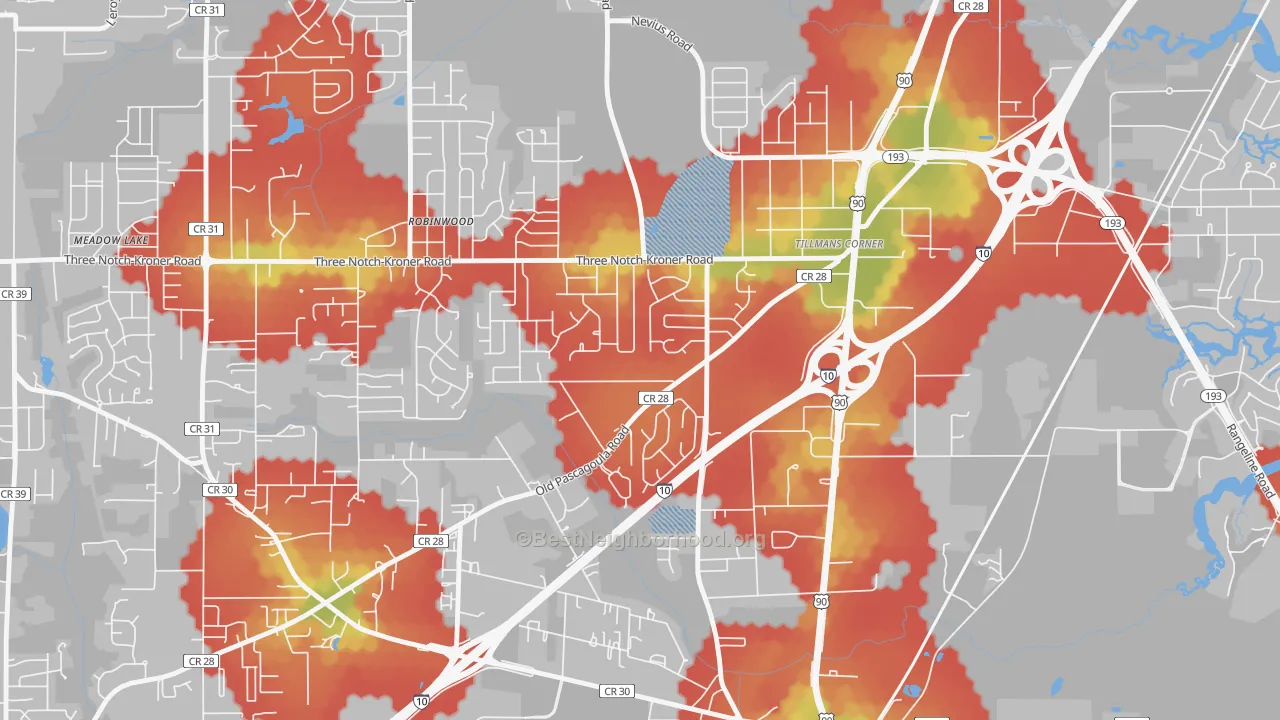 Walk Grade map of Westmont, Tillmans Corner, AL, walkable areas in green and car-dependent areas in red