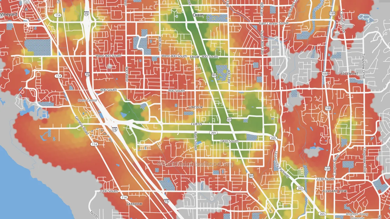 Walk Grade map of Westmore, Orem, UT, walkable areas in green and car-dependent areas in red