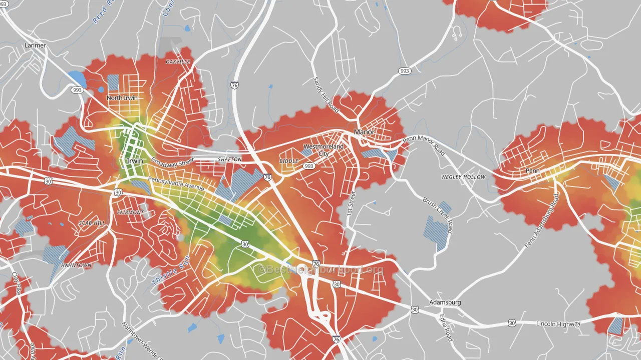 Walk Grade map of Westmoreland City, PA, walkable areas in green and car-dependent areas in red
