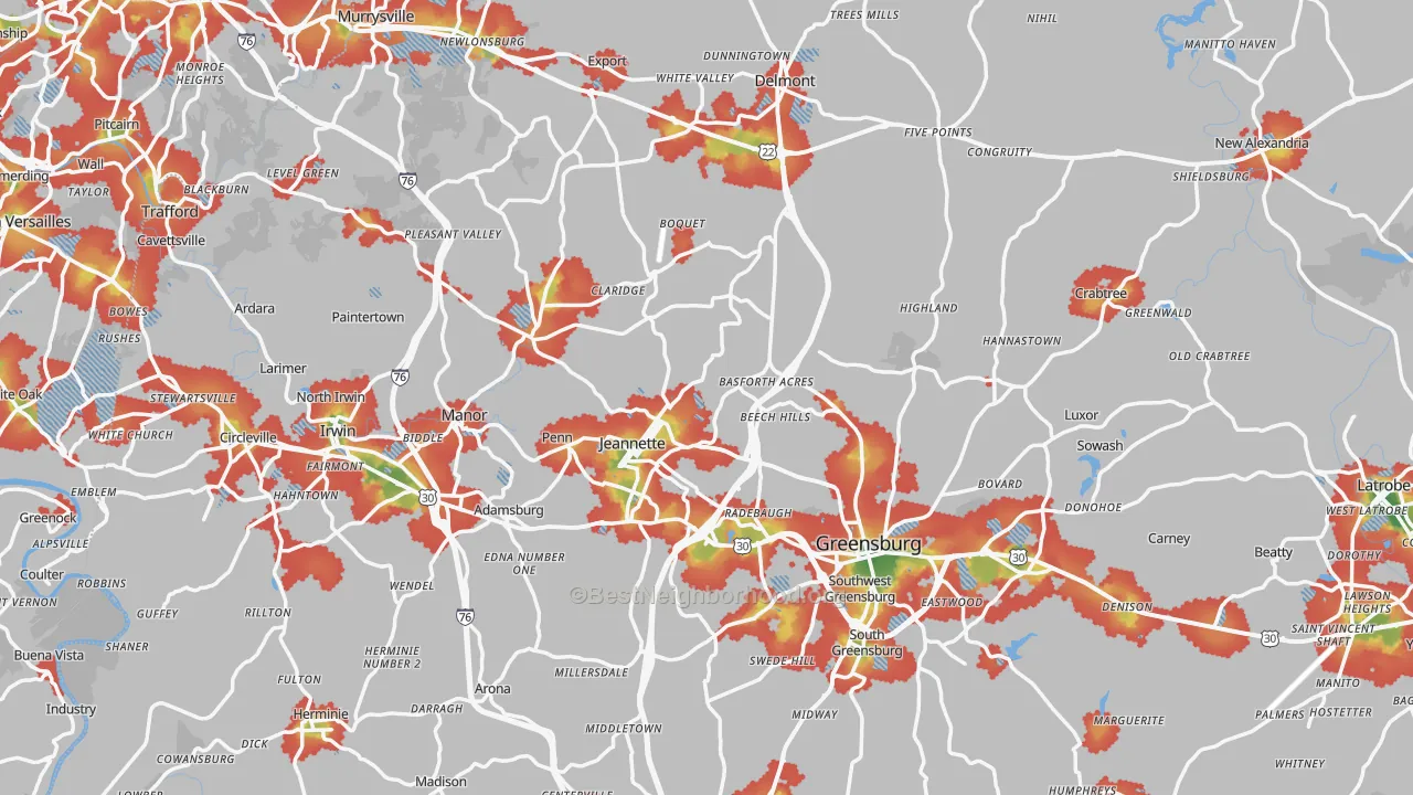 Walk Grade map of Westmoreland County, PA, walkable areas in green and car-dependent areas in red