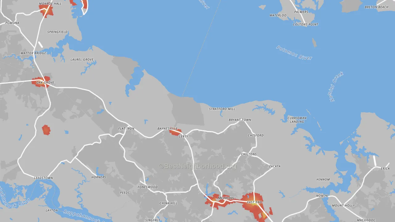 Walk Grade map of Westmoreland County, VA, walkable areas in green and car-dependent areas in red