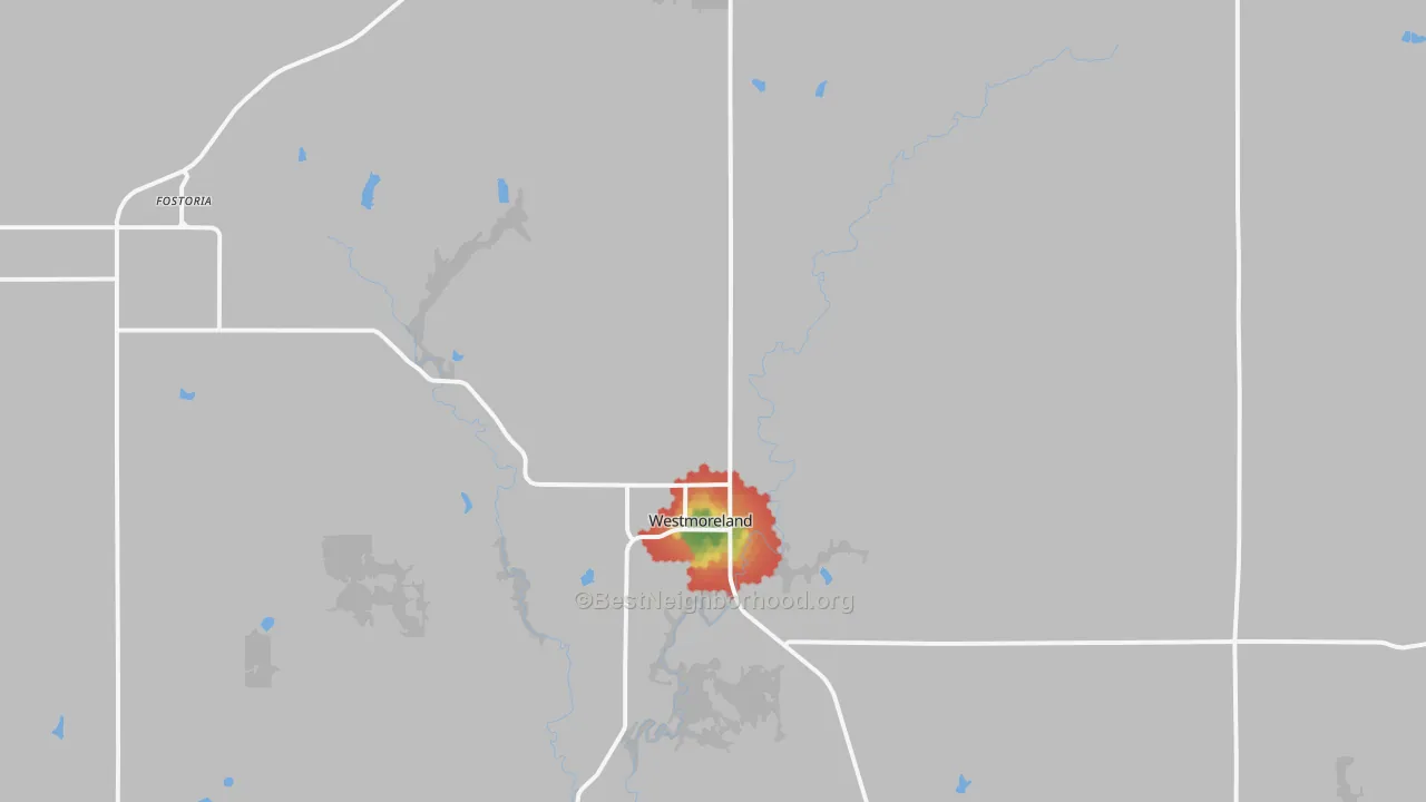 Walk Grade map of Westmoreland, KS, walkable areas in green and car-dependent areas in red