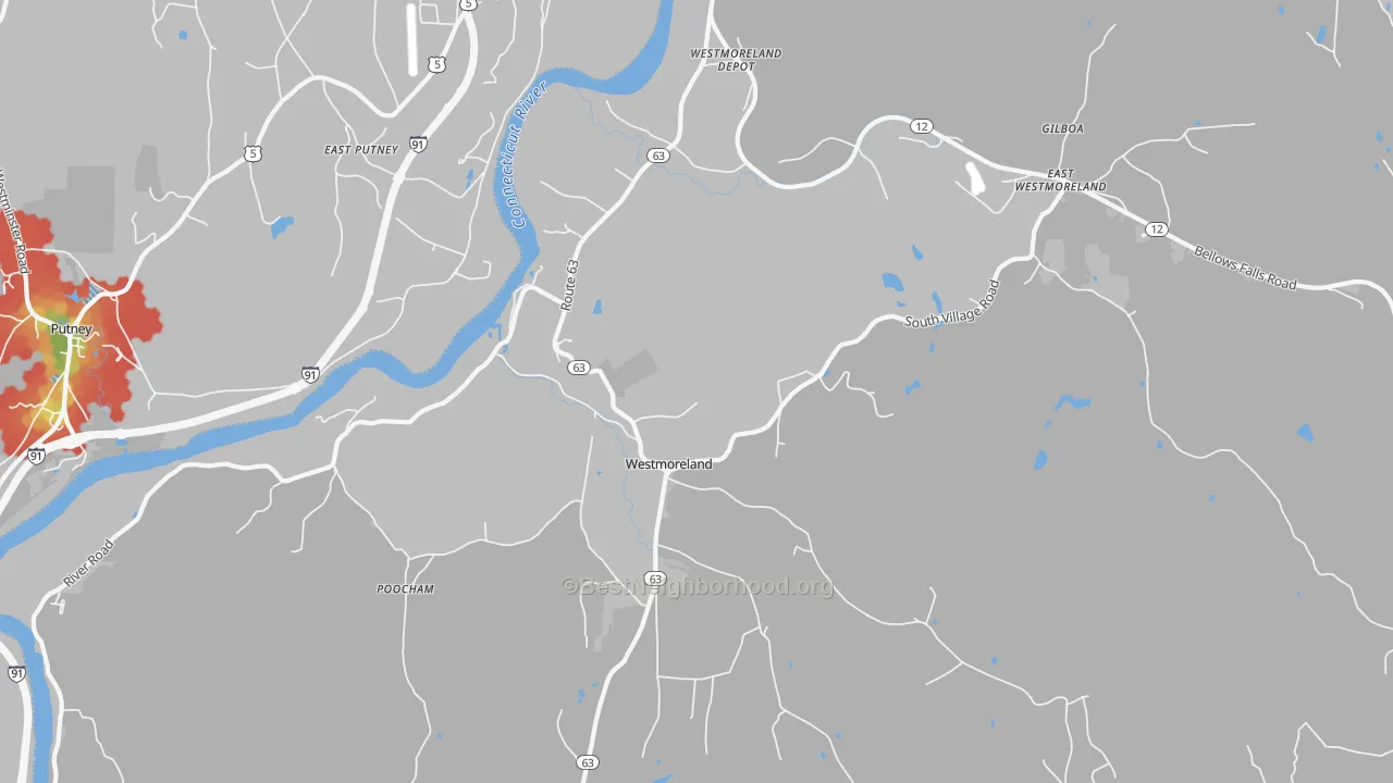 Walk Grade map of Westmoreland, NH, walkable areas in green and car-dependent areas in red
