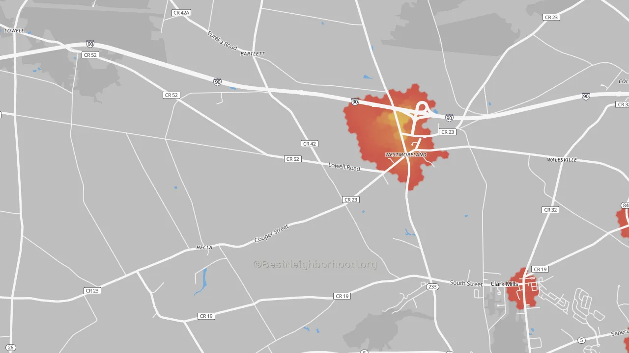Walk Grade map of Westmoreland, NY, walkable areas in green and car-dependent areas in red