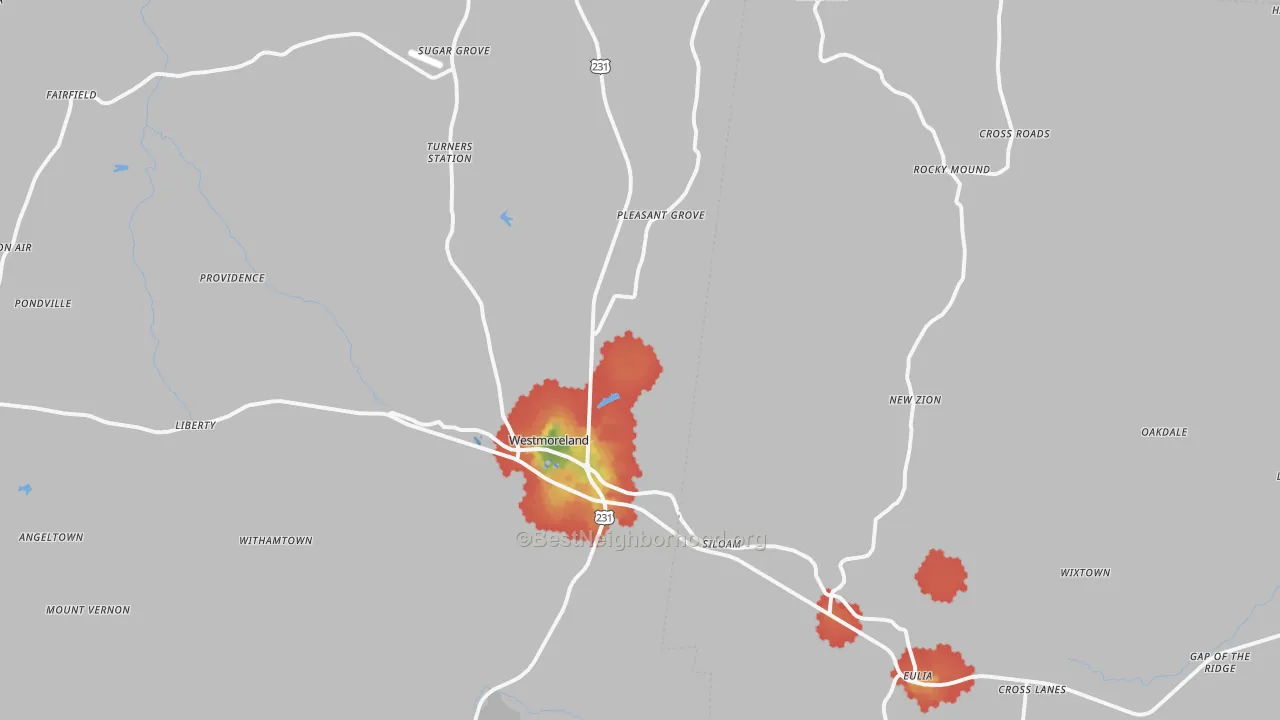 Walk Grade map of Westmoreland, TN, walkable areas in green and car-dependent areas in red