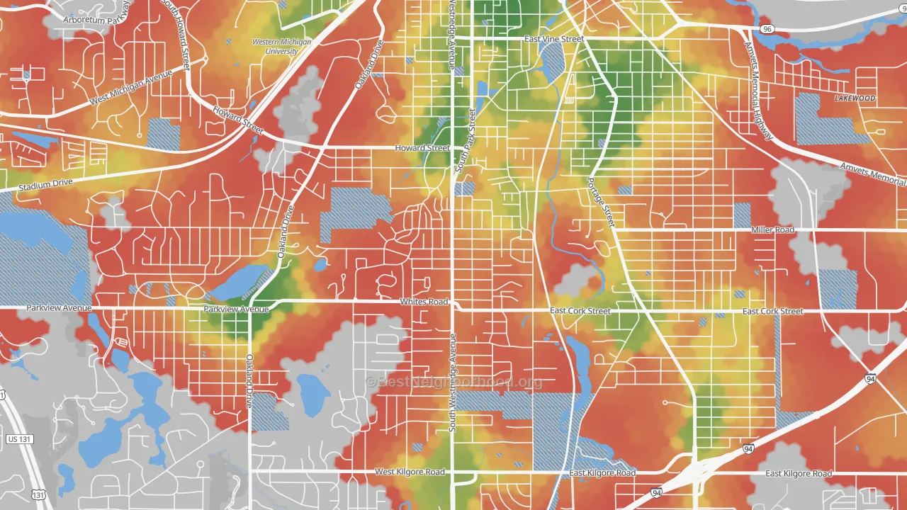 Walk Grade map of Westnedge Hill, Kalamazoo, MI, walkable areas in green and car-dependent areas in red