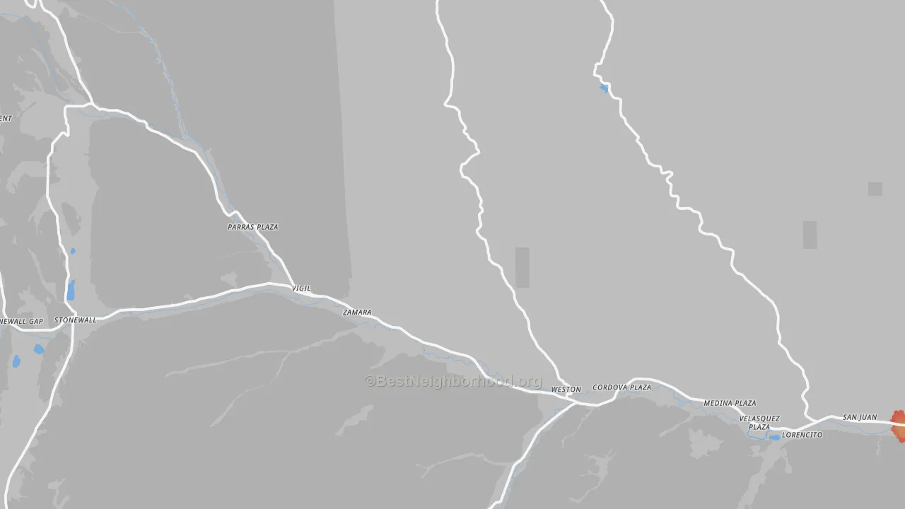 Walk Grade map of Weston, CO, walkable areas in green and car-dependent areas in red