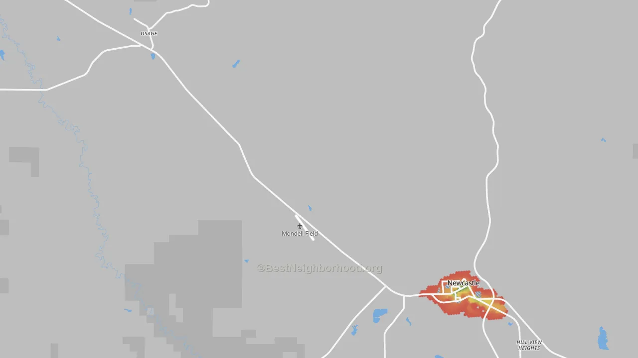 Walk Grade map of Weston County, WY, walkable areas in green and car-dependent areas in red