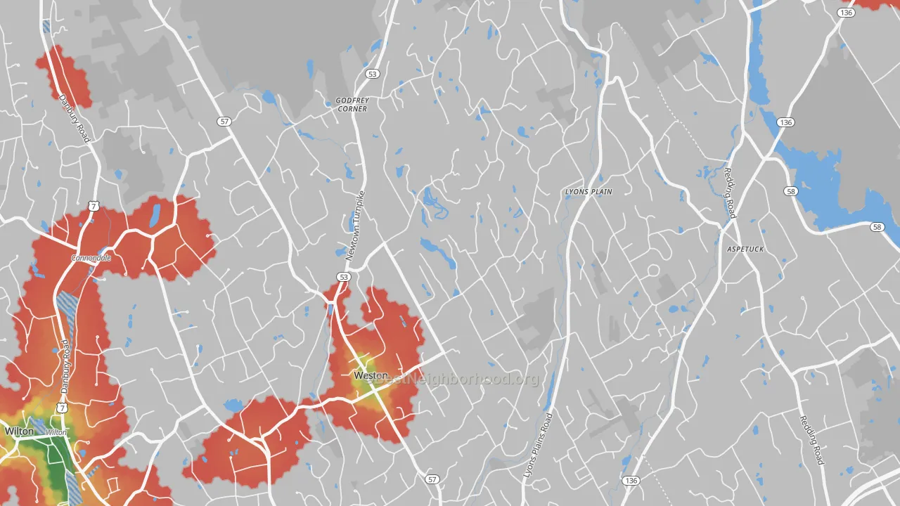 Walk Grade map of Weston, CT, walkable areas in green and car-dependent areas in red