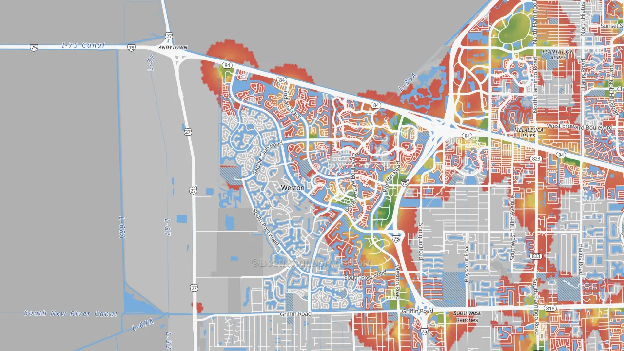 Walk Grade map of Weston, FL, walkable areas in green and car-dependent areas in red