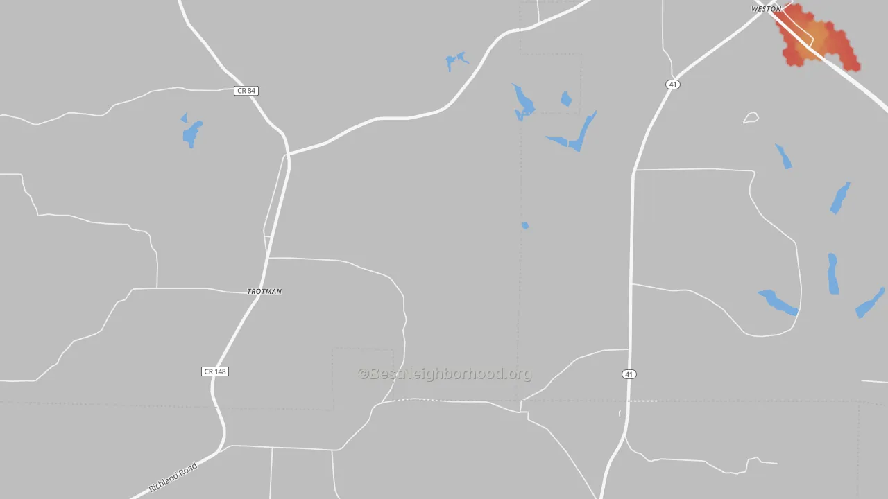 Walk Grade map of Weston, GA, walkable areas in green and car-dependent areas in red