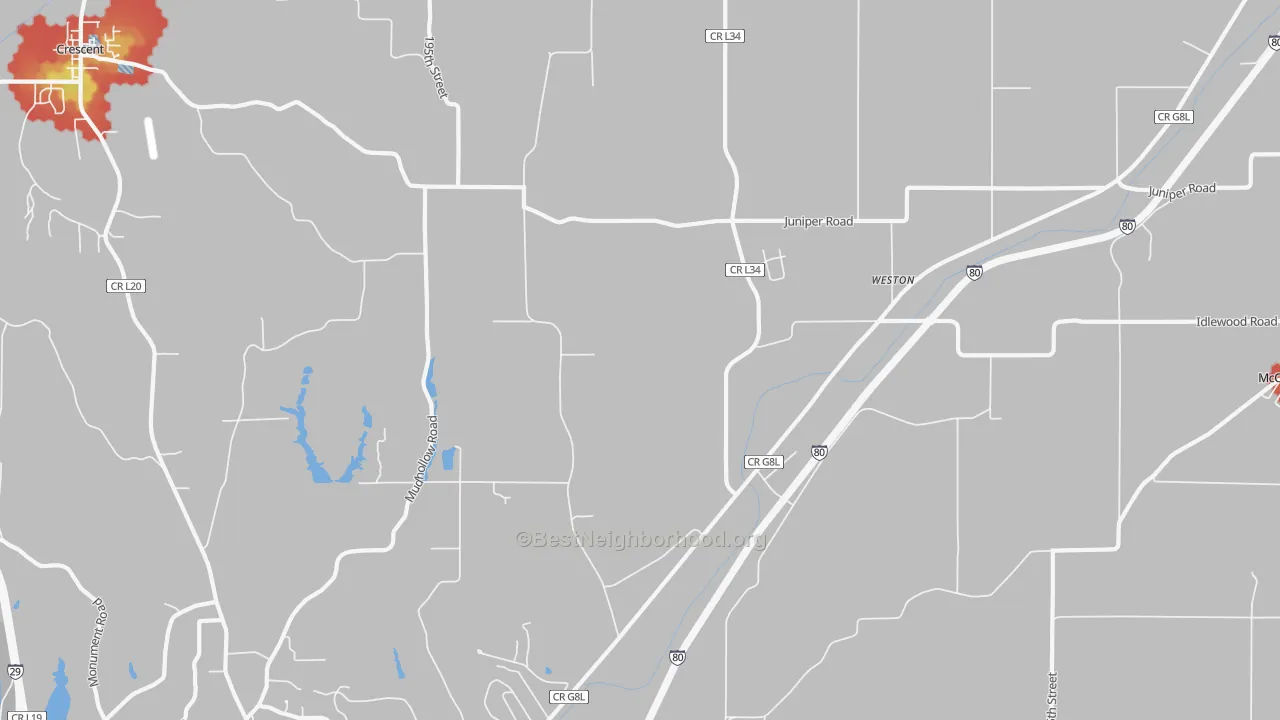 Walk Grade map of Weston, IA, walkable areas in green and car-dependent areas in red