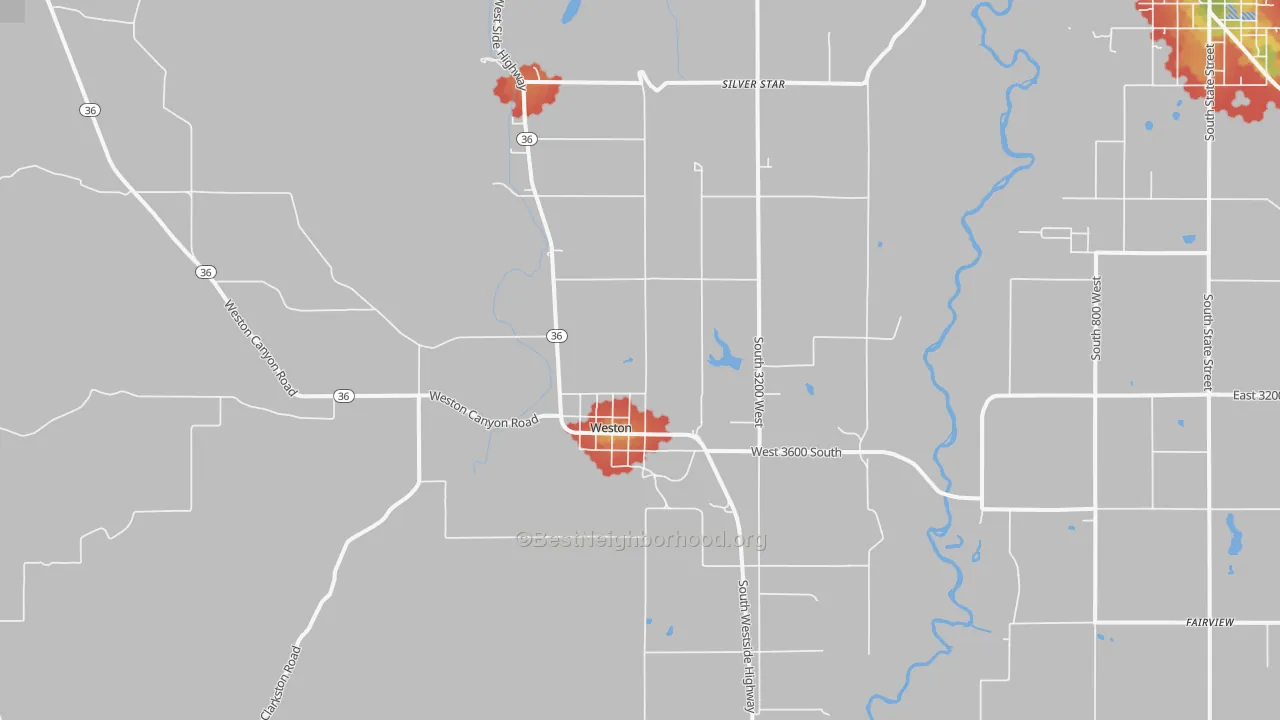 Walk Grade map of Weston, ID, walkable areas in green and car-dependent areas in red