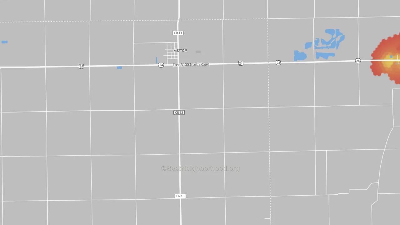 Walk Grade map of Weston, IL, walkable areas in green and car-dependent areas in red