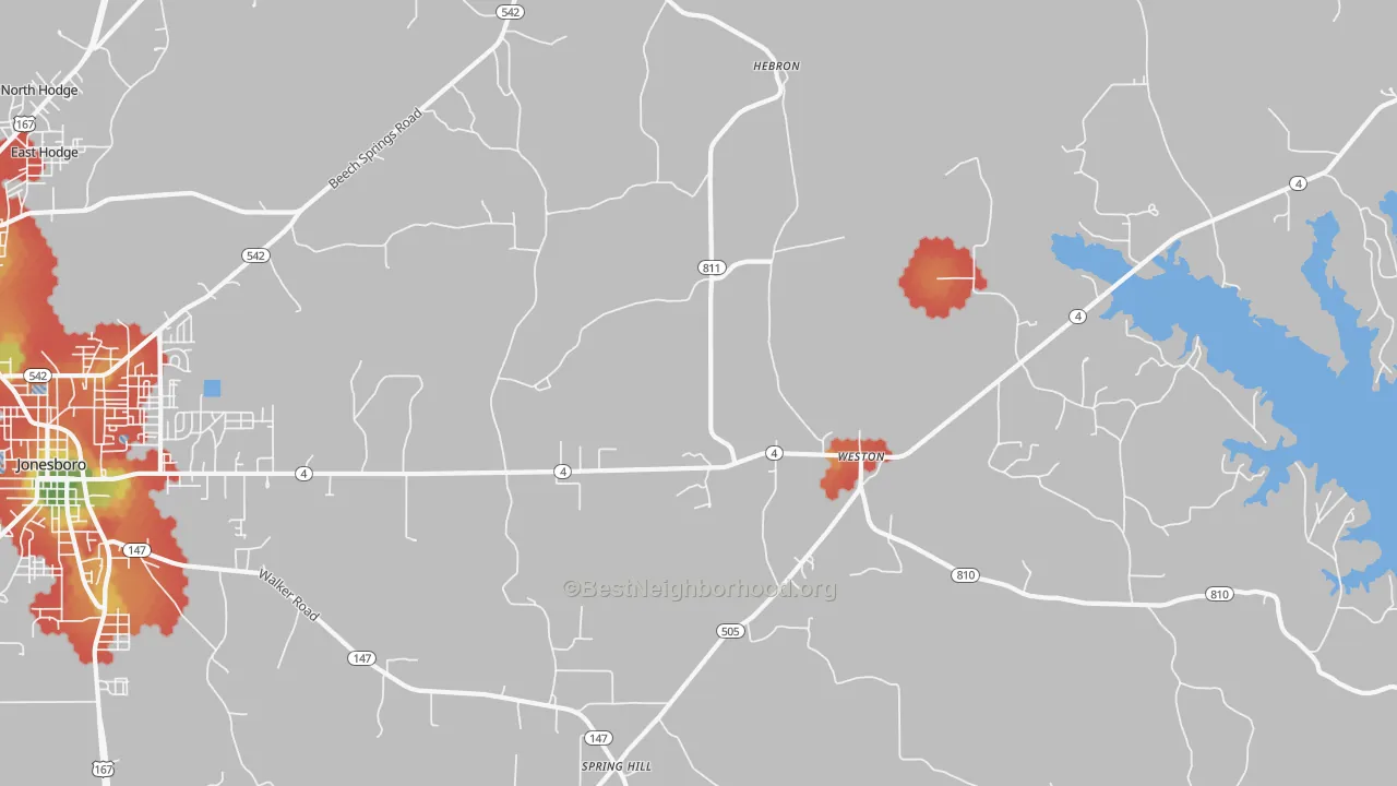 Walk Grade map of Weston, LA, walkable areas in green and car-dependent areas in red