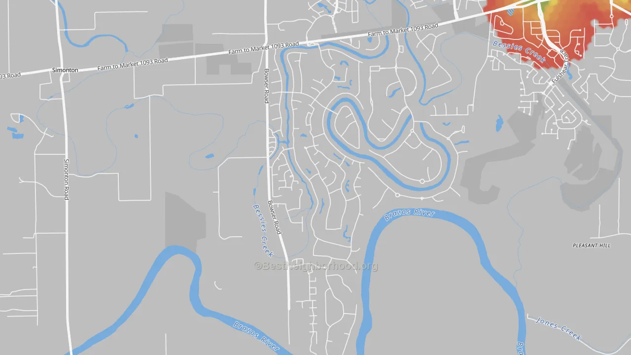 Walk Grade map of Weston Lakes, TX, walkable areas in green and car-dependent areas in red