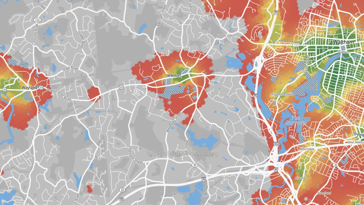 Walk Grade map of Weston, MA, walkable areas in green and car-dependent areas in red