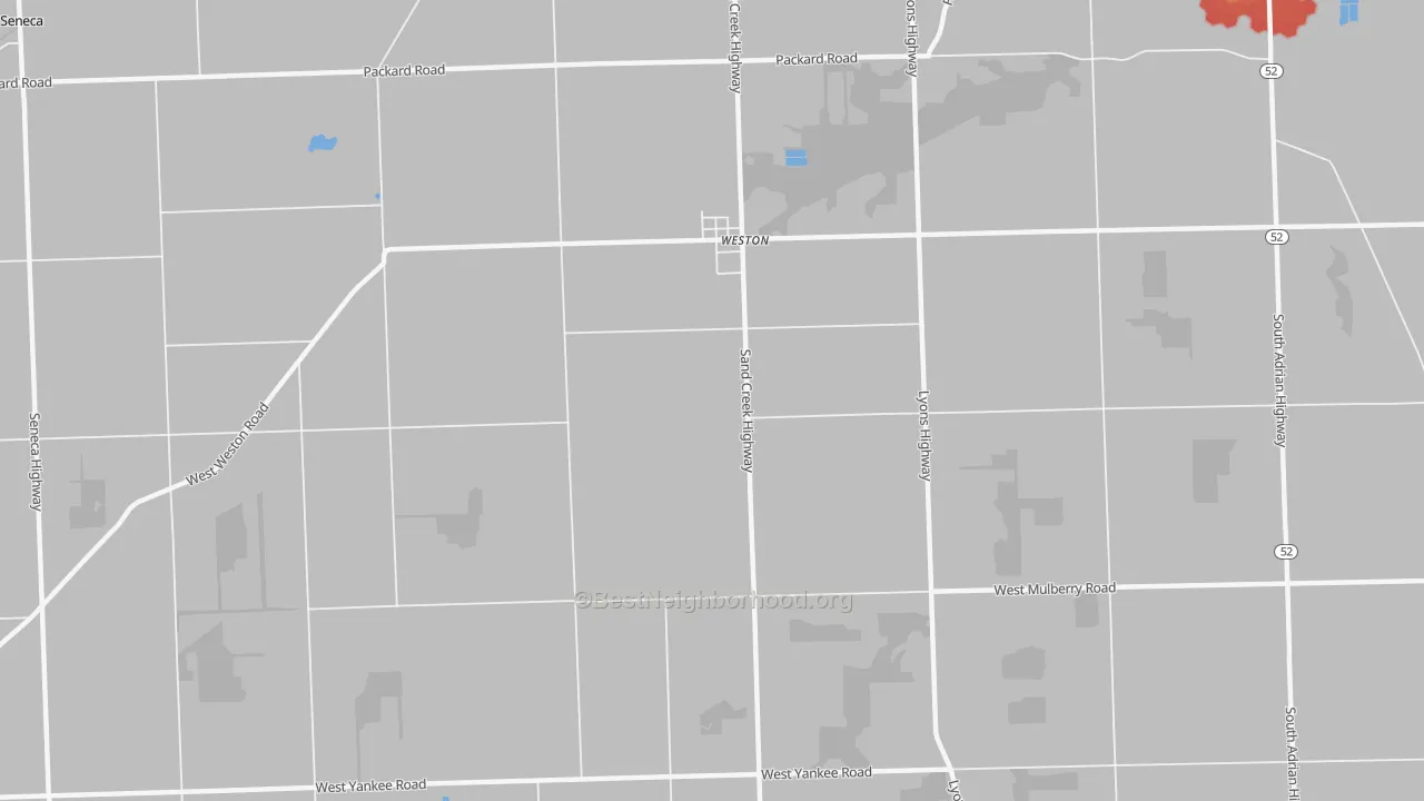 Walk Grade map of Weston, MI, walkable areas in green and car-dependent areas in red
