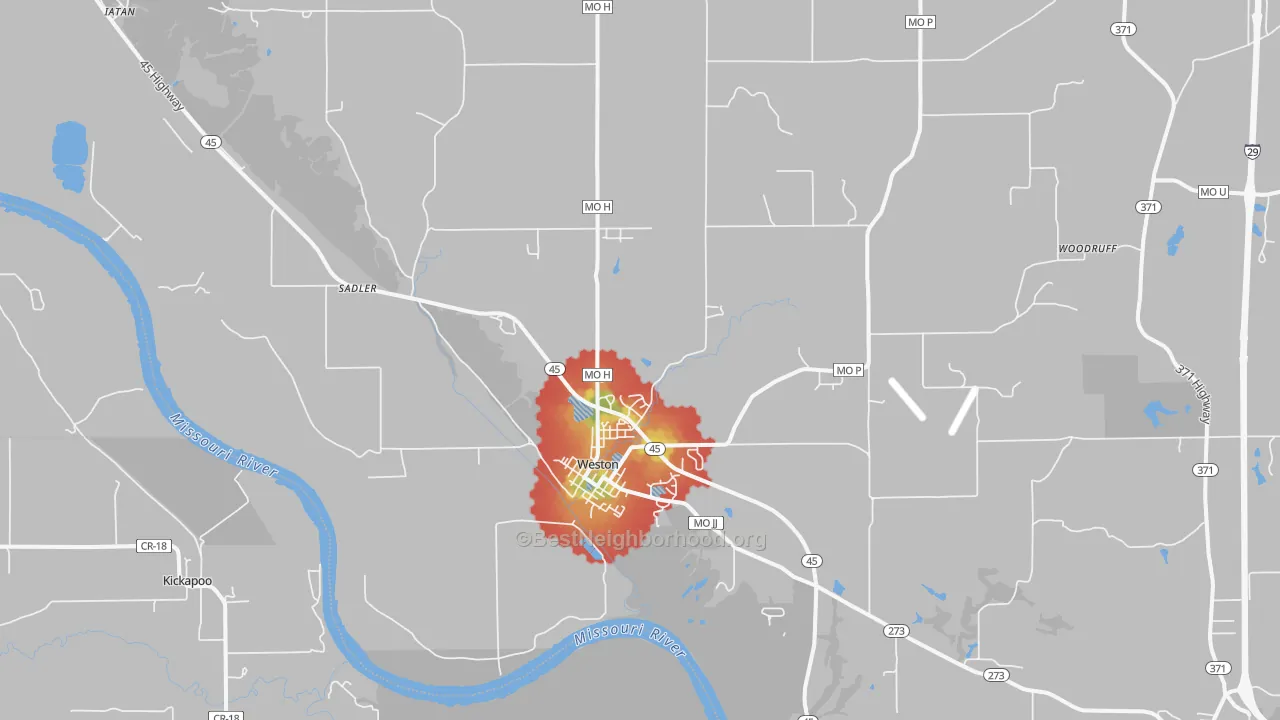 Walk Grade map of Weston, MO, walkable areas in green and car-dependent areas in red