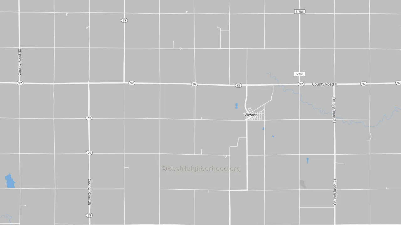 Walk Grade map of Weston, NE, walkable areas in green and car-dependent areas in red