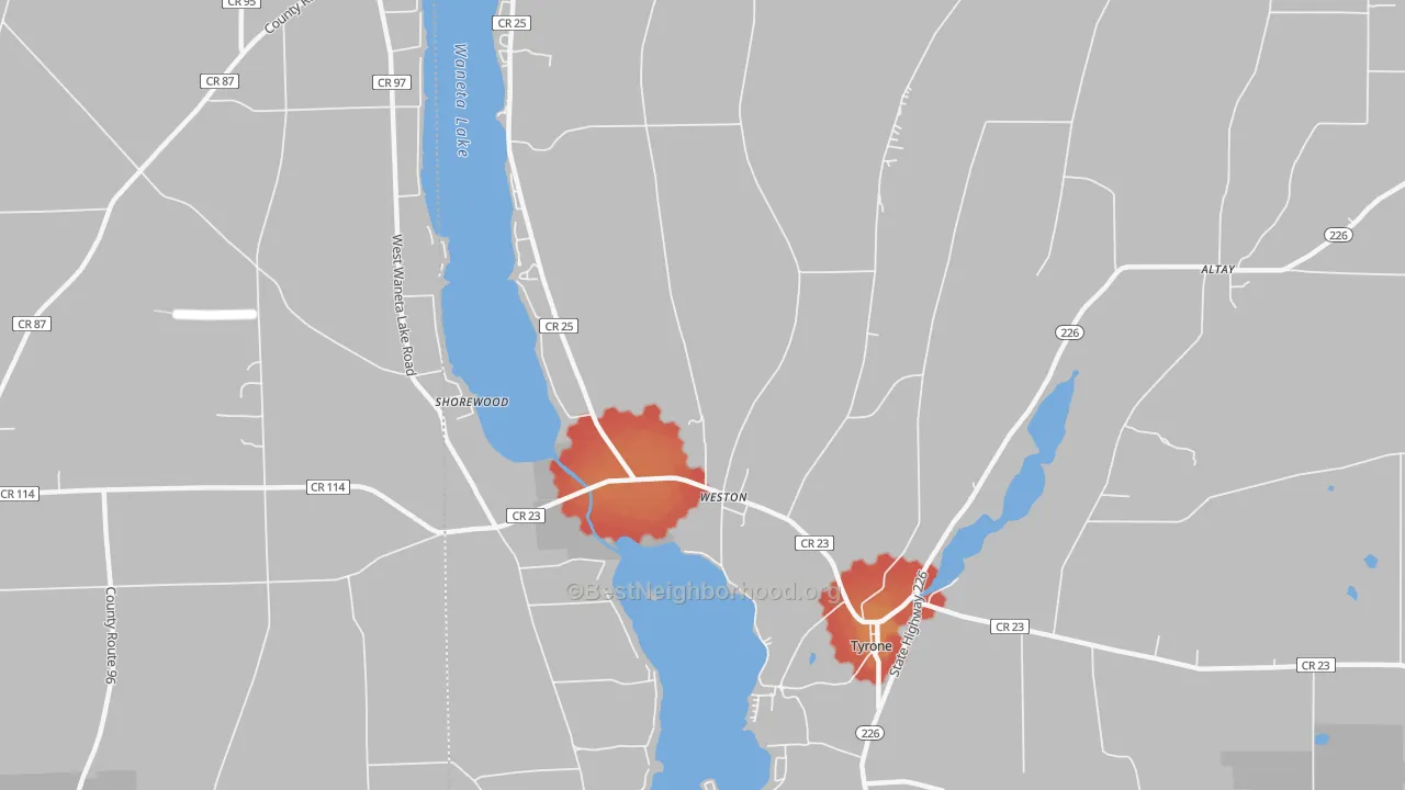 Walk Grade map of Weston, NY, walkable areas in green and car-dependent areas in red