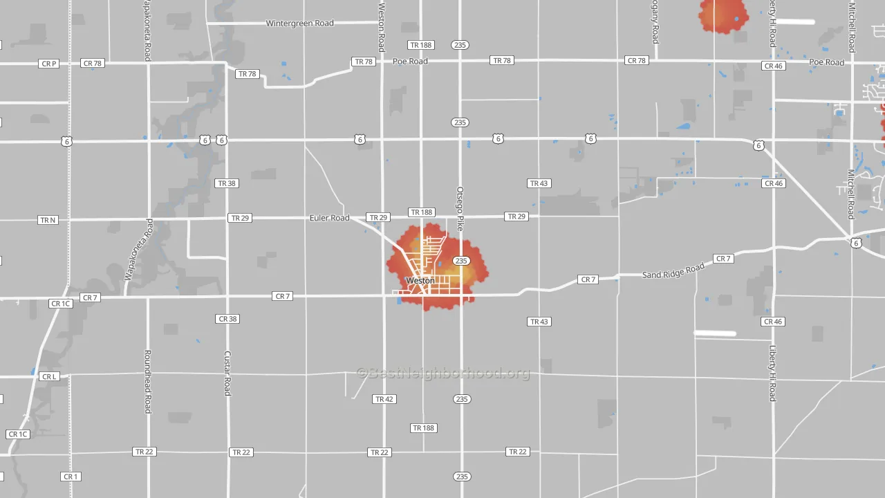 Walk Grade map of Weston, OH, walkable areas in green and car-dependent areas in red