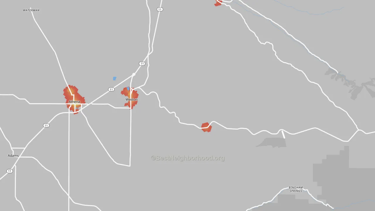 Walk Grade map of Weston, OR, walkable areas in green and car-dependent areas in red