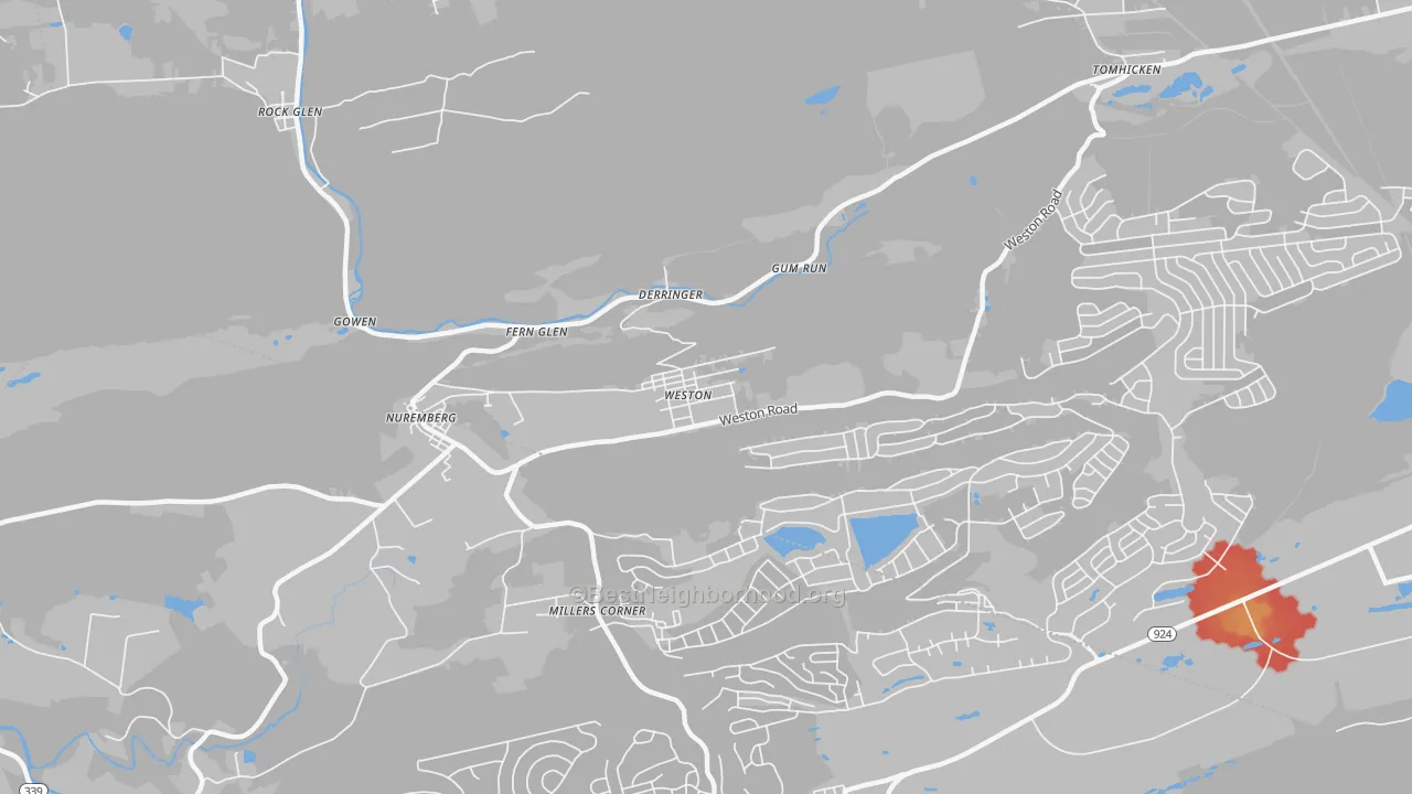 Walk Grade map of Weston, PA, walkable areas in green and car-dependent areas in red