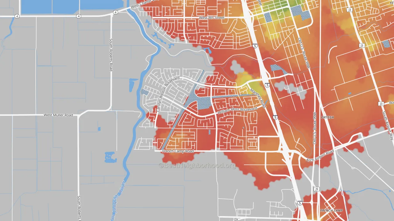 Walk Grade map of Weston Ranch, Stockton, CA, walkable areas in green and car-dependent areas in red