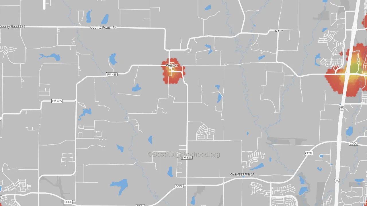 Walk Grade map of Weston, TX, walkable areas in green and car-dependent areas in red