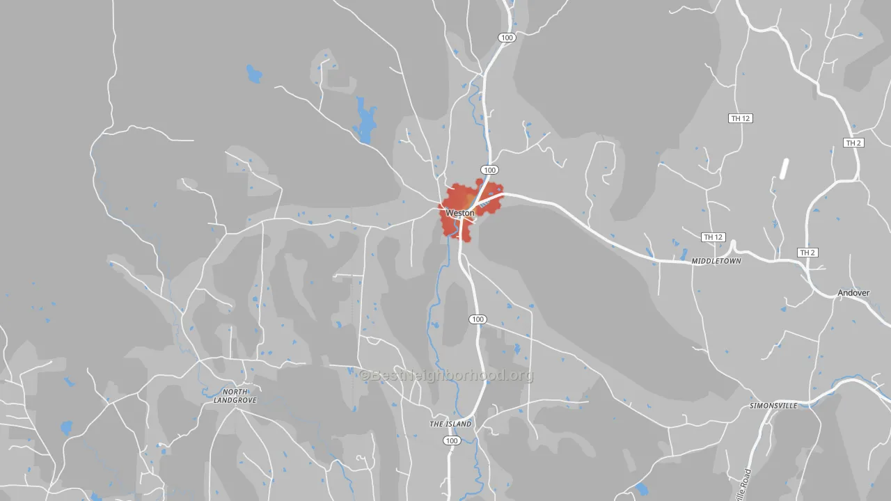 Walk Grade map of Weston, VT, walkable areas in green and car-dependent areas in red